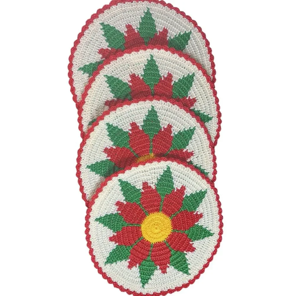 Set of 4 Handmade Crochet Floral Placemats Round Red Cream Green 13
